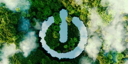 A power symbol in the form of a water pond in the middle of a jungle, representing the power of nature, clean energy and the considerate use of technology in the protection of nature. 3d rendering.